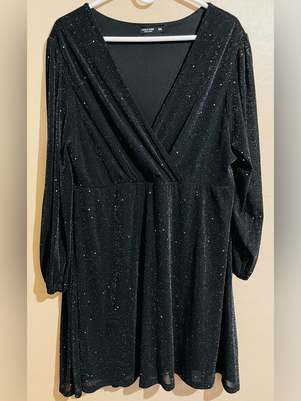 SHEIN Black Sparkle V-Neck Wrap Dress